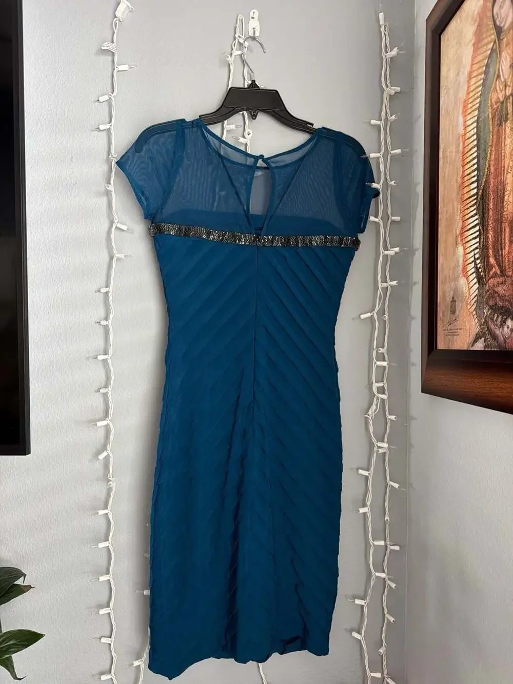 Calvin Klein Teal Mesh Yoke Beaded Chevron Pleated Sheath Dress - Picture 9 of 12